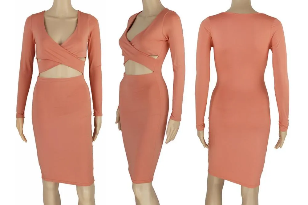 Nadafair Sexy Midi Pencil Club Dress With Long Sleeve