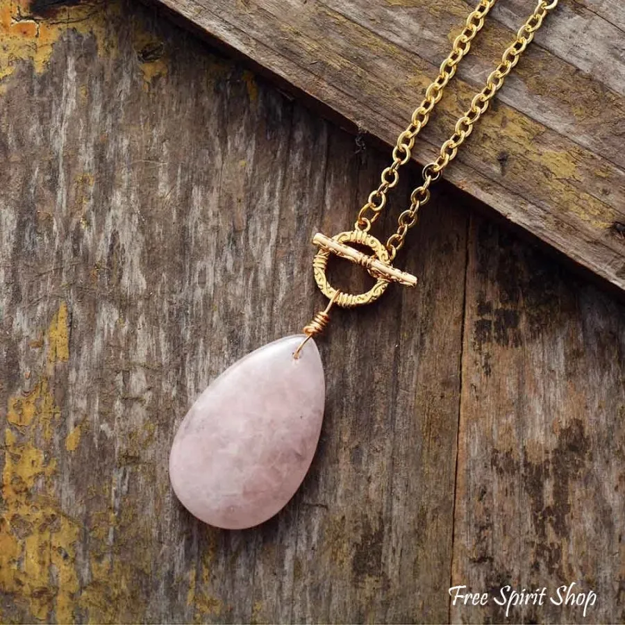 Natural Rose Quartz Teardrop Pendant Gold Necklace