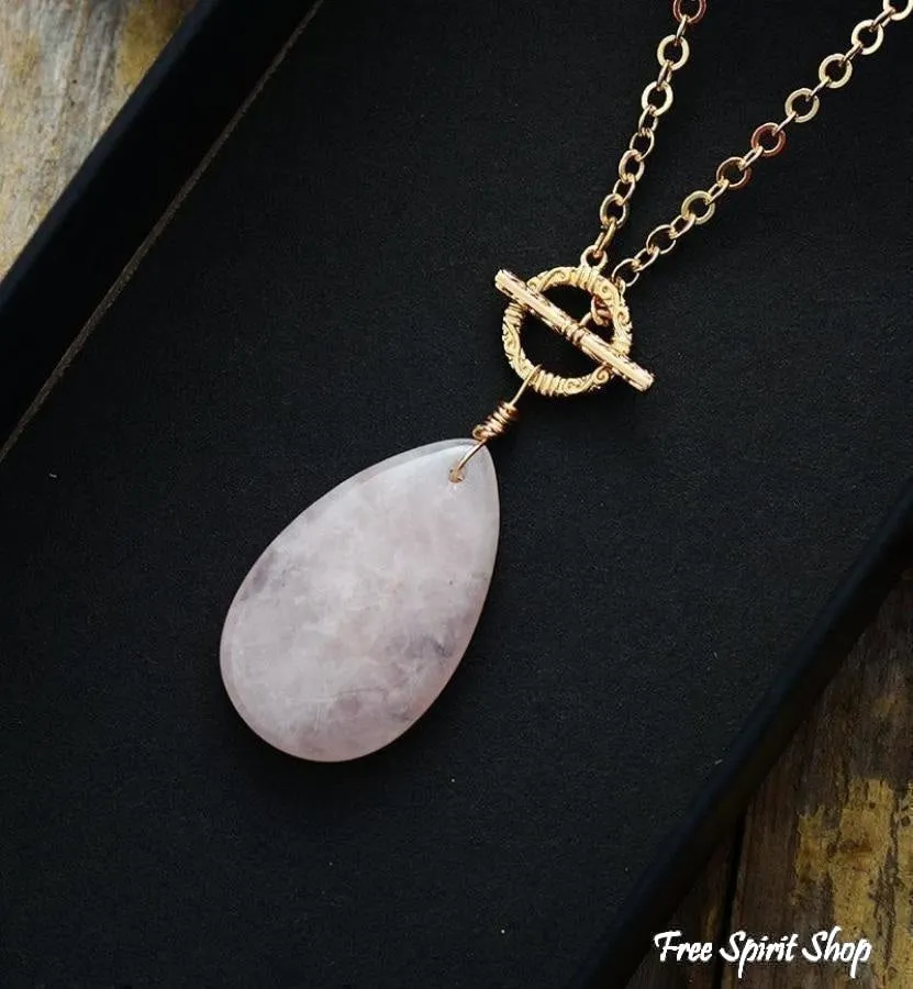 Natural Rose Quartz Teardrop Pendant Gold Necklace