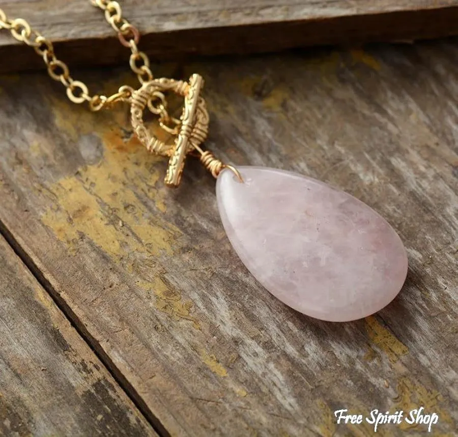 Natural Rose Quartz Teardrop Pendant Gold Necklace