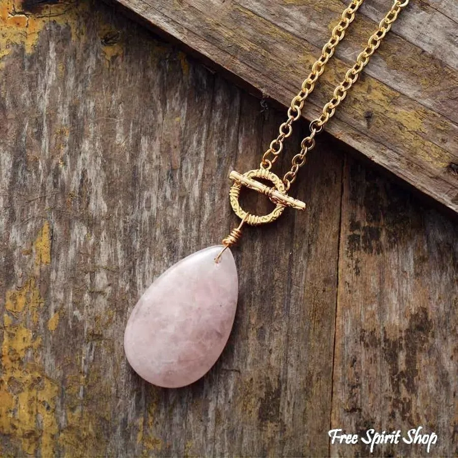 Natural Rose Quartz Teardrop Pendant Gold Necklace