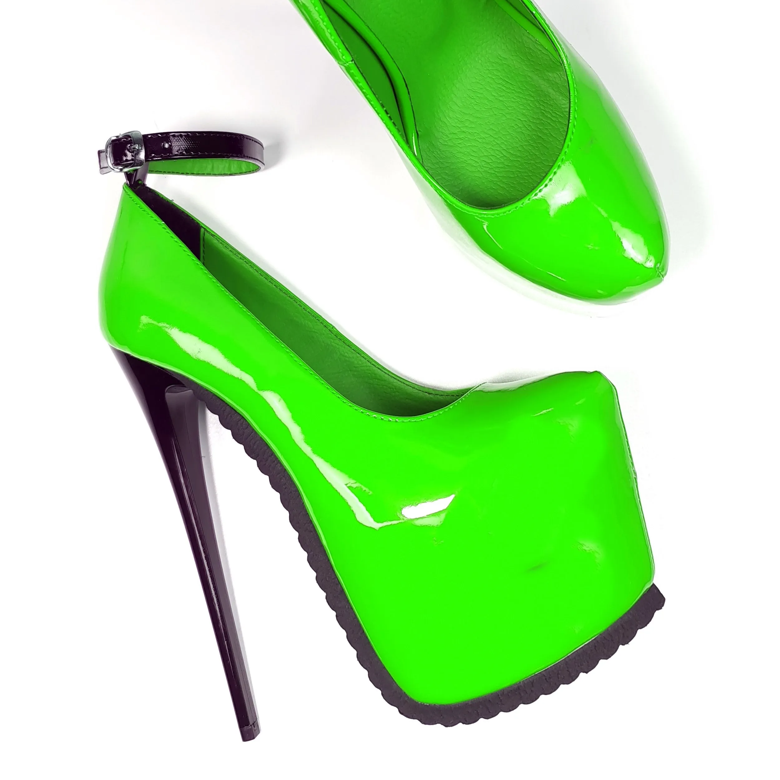 Neon Green Gloss Ankle Strap Serrated Sole Heels