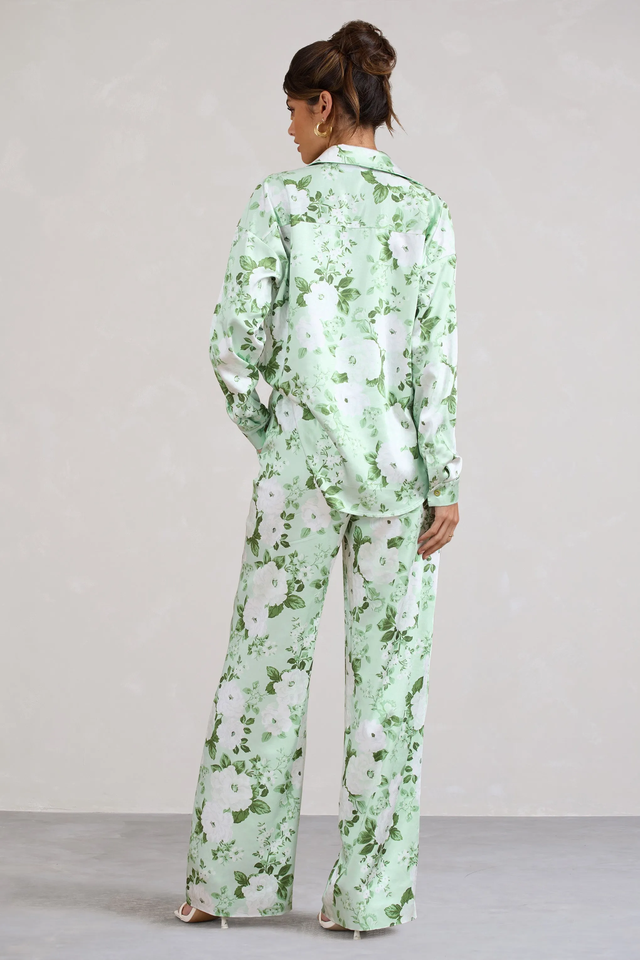 No Limits | White & Green Floral Print Satin Wide Leg Trousers