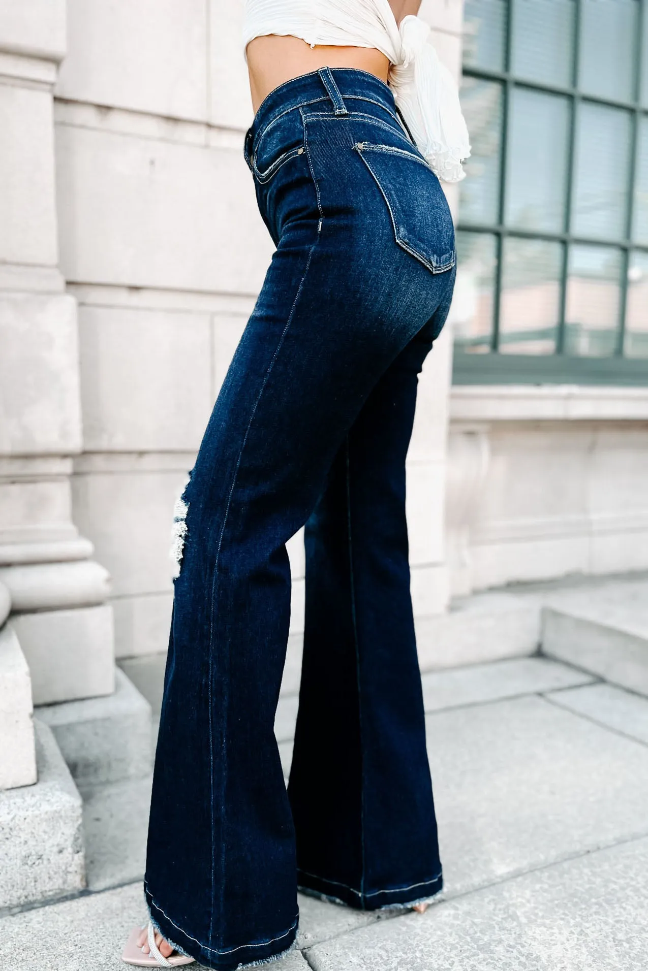 One More Round High Rise Distressed Flare Jeans (Dark)