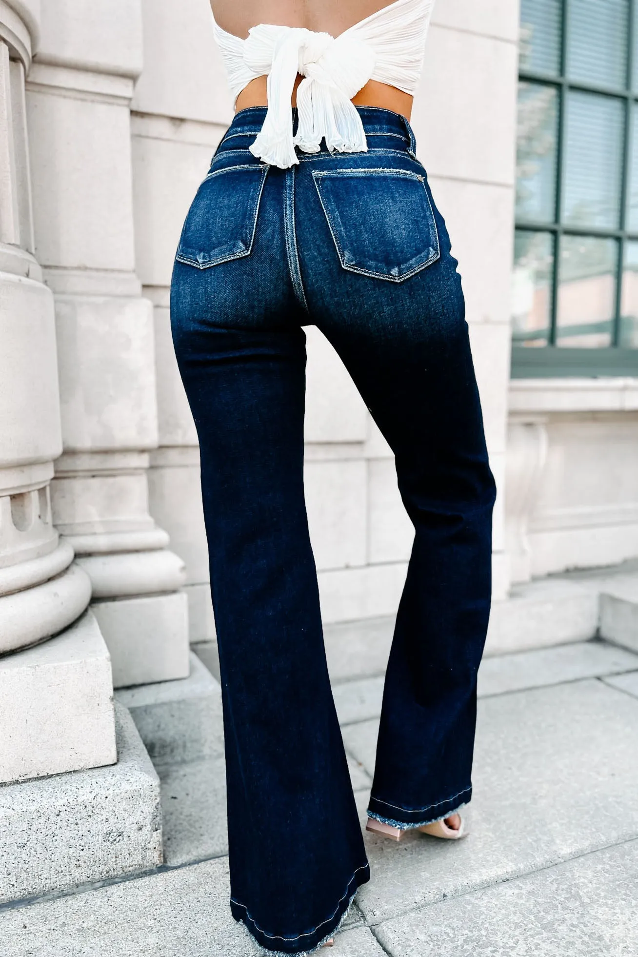 One More Round High Rise Distressed Flare Jeans (Dark)