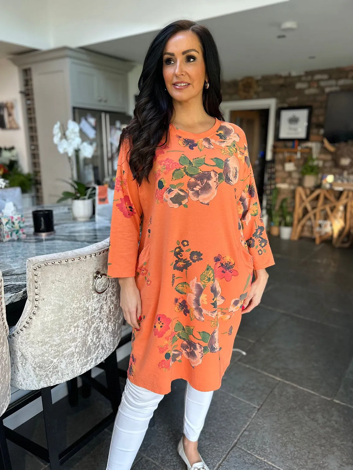 Orange Flower Patterned Pocket Tunic Danni