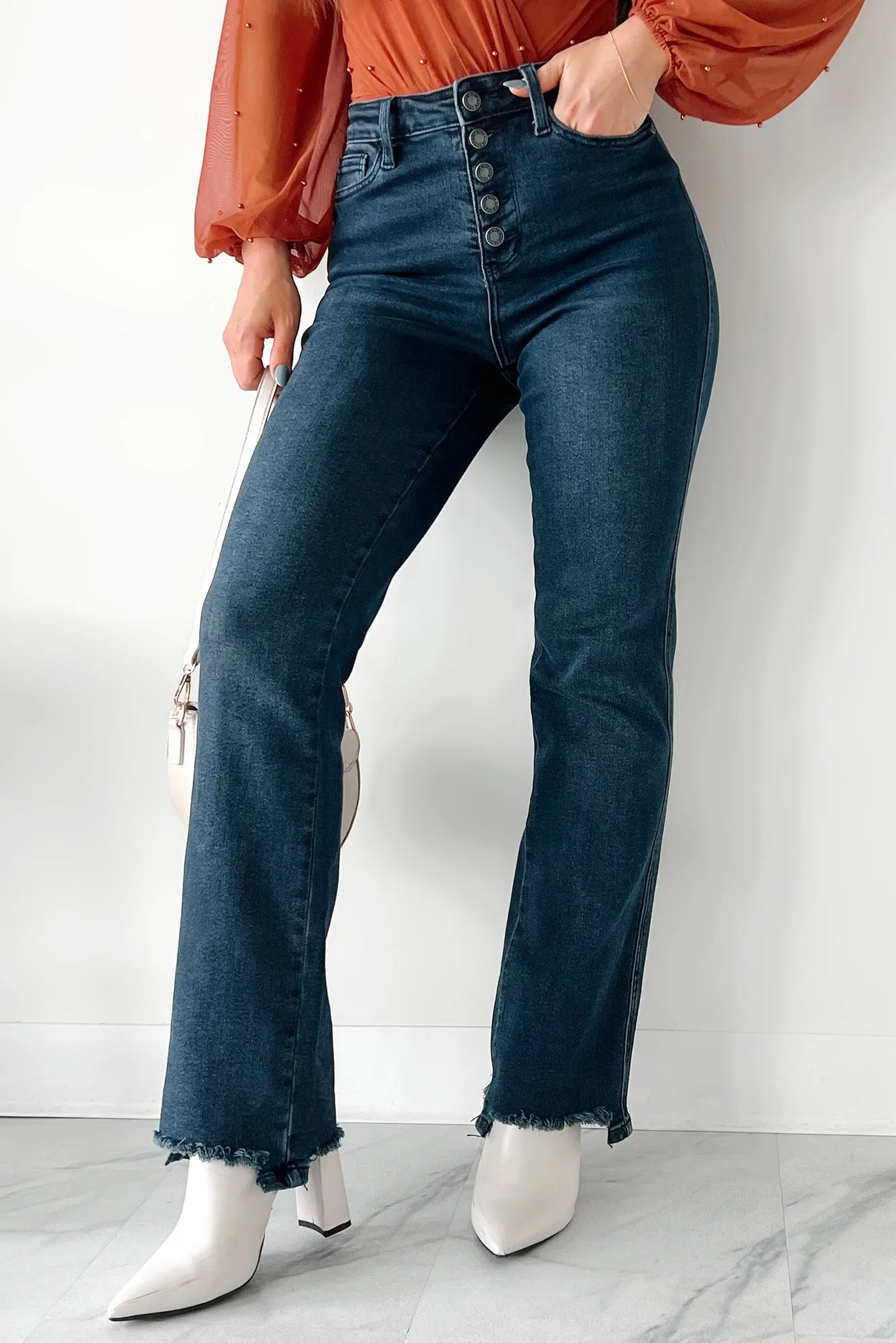 Otis Judy Blue Button Fly Distressed Hem Straight Leg Jeans (Dark)