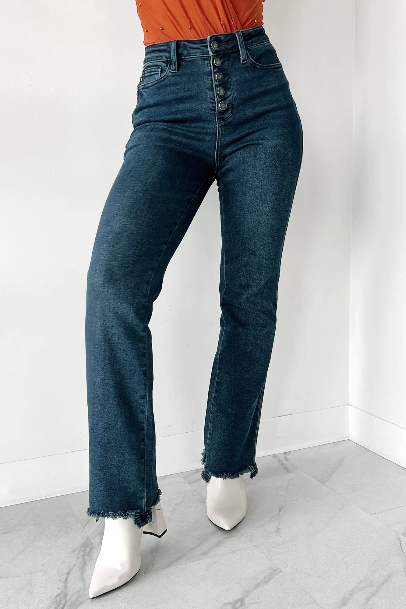 Otis Judy Blue Button Fly Distressed Hem Straight Leg Jeans (Dark)