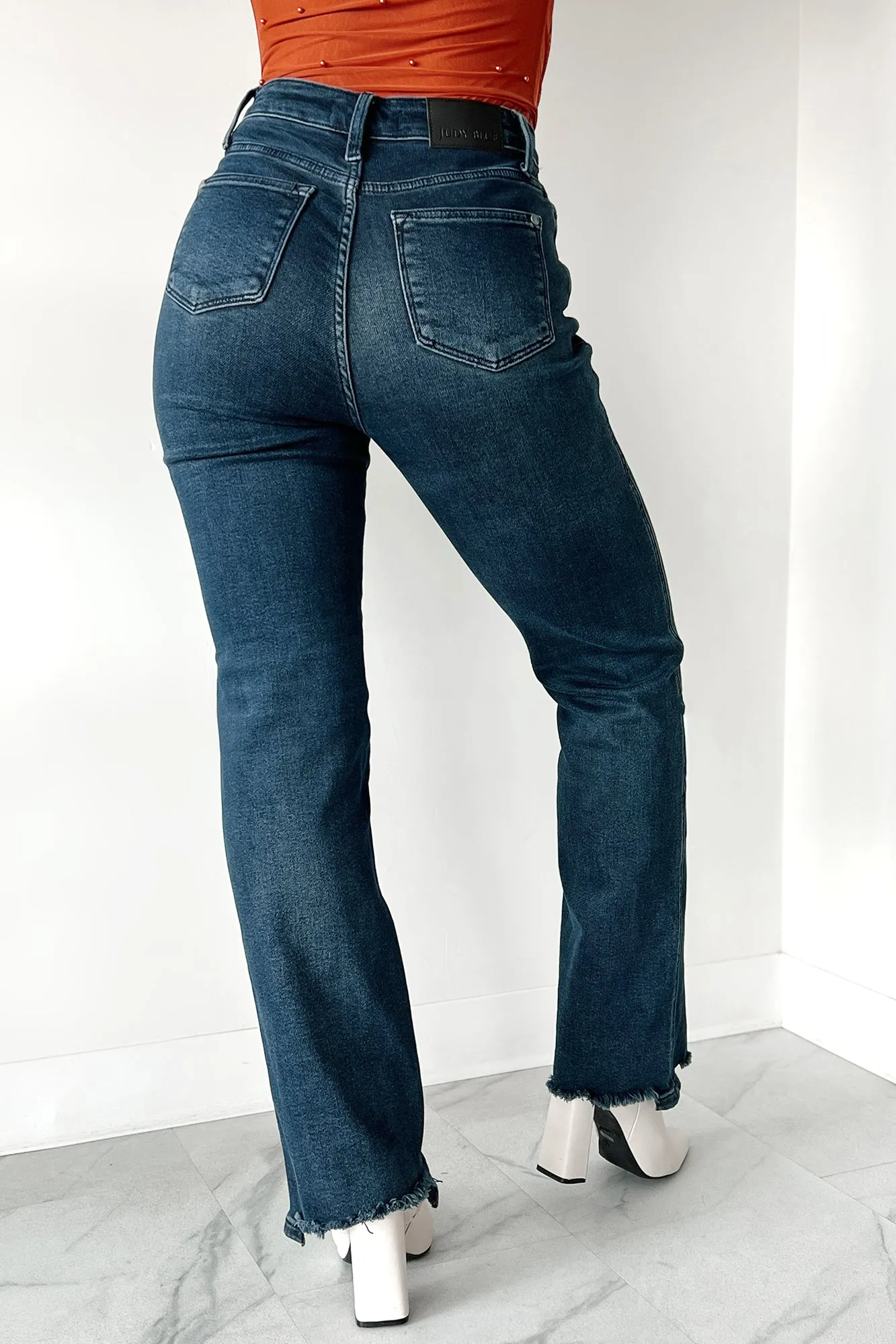 Otis Judy Blue Button Fly Distressed Hem Straight Leg Jeans (Dark)