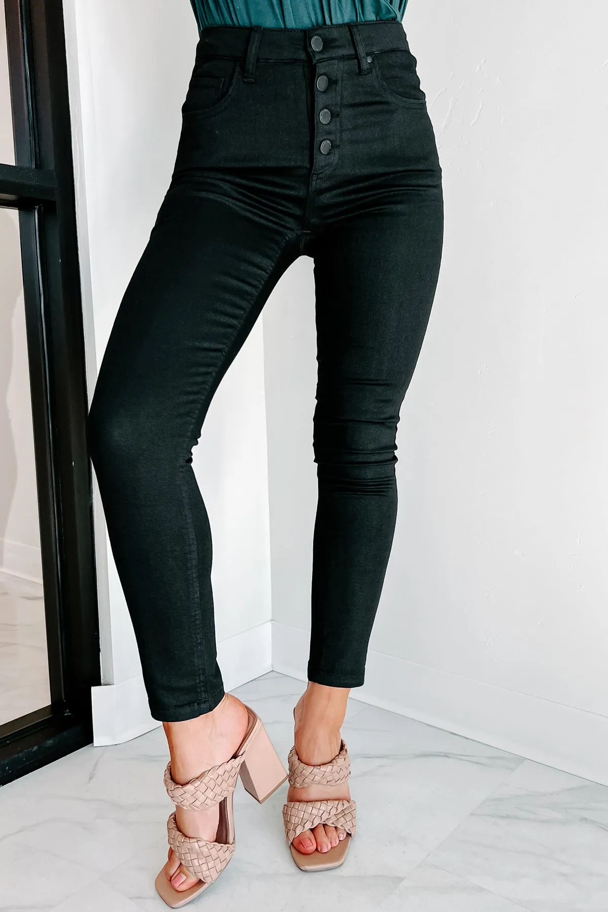 Outdated Thinking High Rise Button-Fly Risen Skinny Jeans (Black)