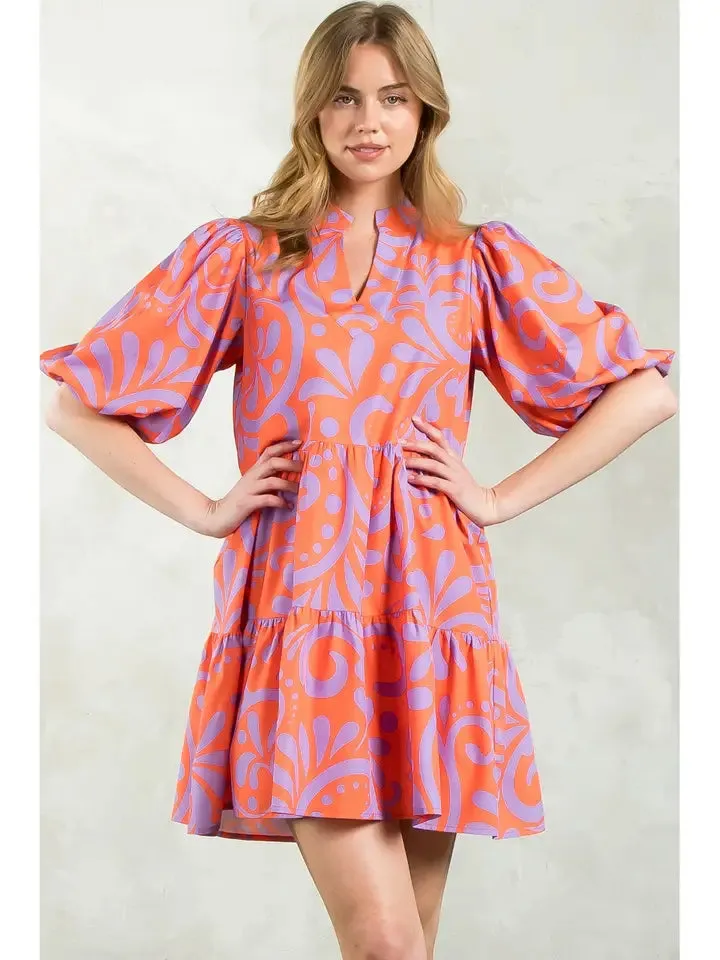 Pattern Puff Sleeve Dress