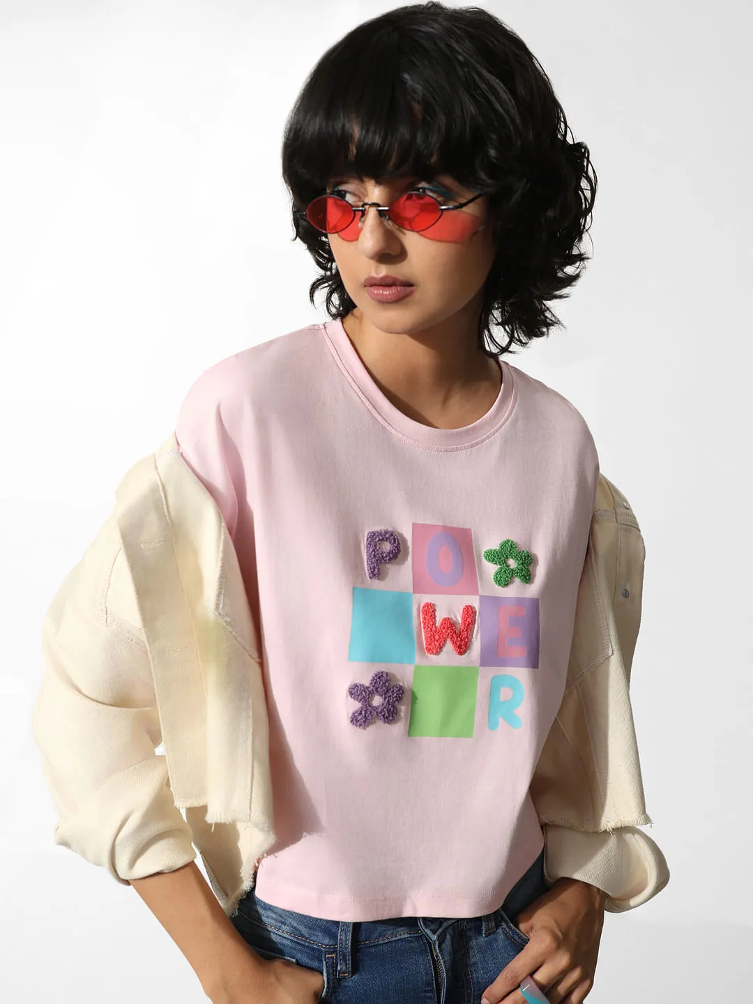 Pink Applique Print Boxy T-shirt