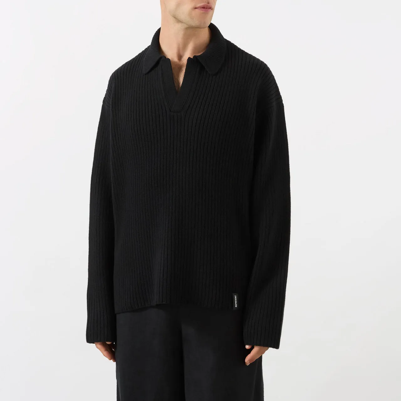 REPRESENT Ribbed Knit Polo Sweater - Black