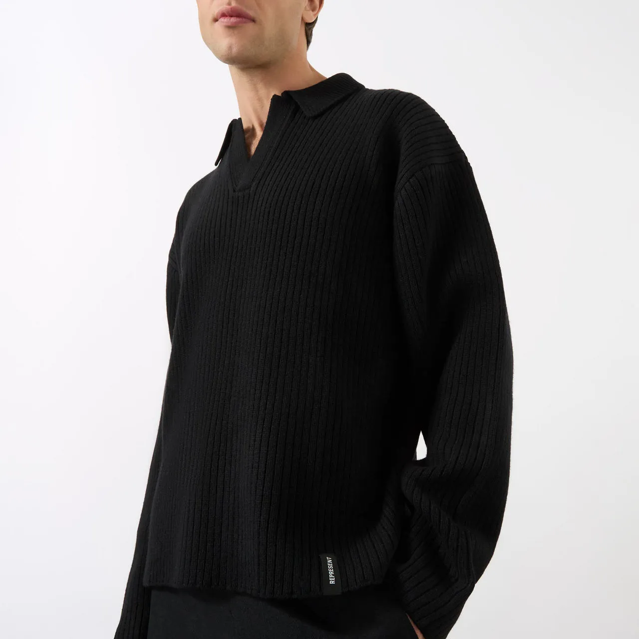 REPRESENT Ribbed Knit Polo Sweater - Black