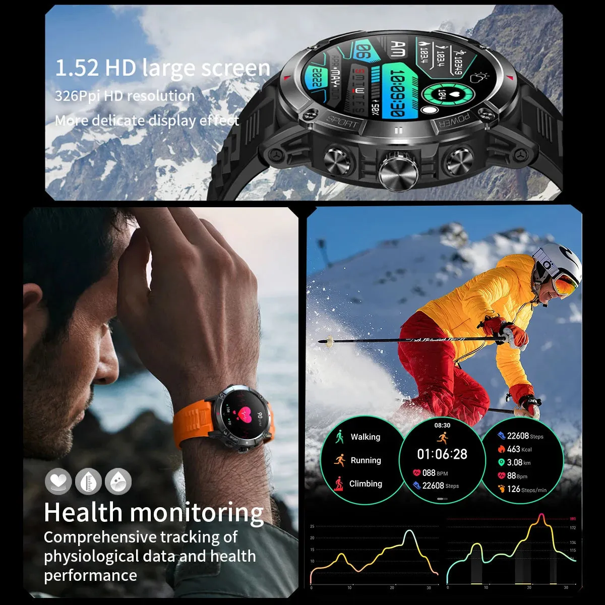 Sports Style Call Compass 400mAh Battery Health Monitoring Smartwatch