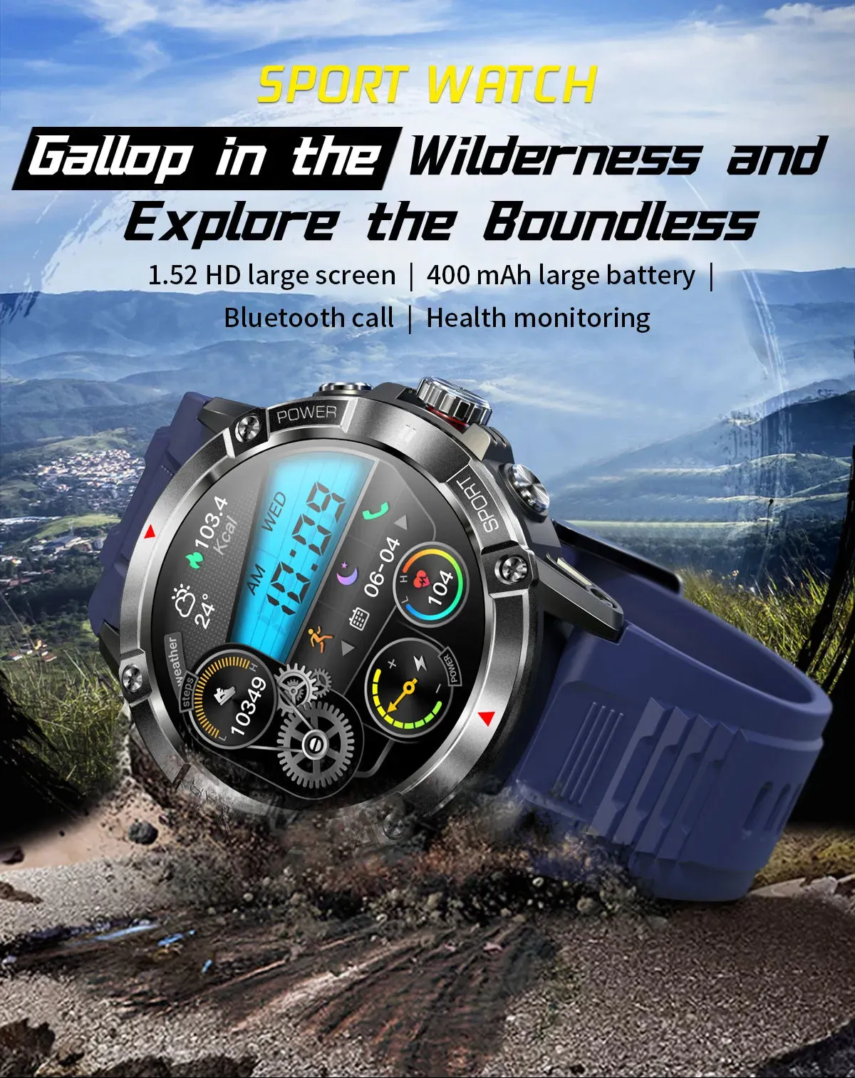 Sports Style Call Compass 400mAh Battery Health Monitoring Smartwatch