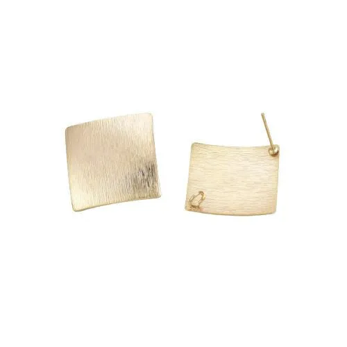 Stud Earring Findings, Brass, Textured, Square, With Hidden Open Loop, 18K Gold Plated, 25mm