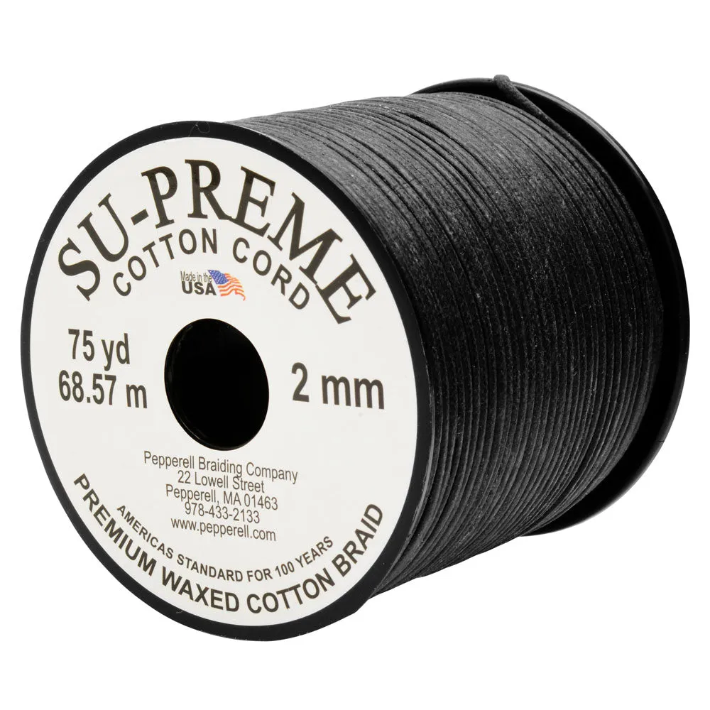 Su-Preme Waxed Cotton Cord, Round 2mm Thick, 75 Yards (68.5 Meters), Black