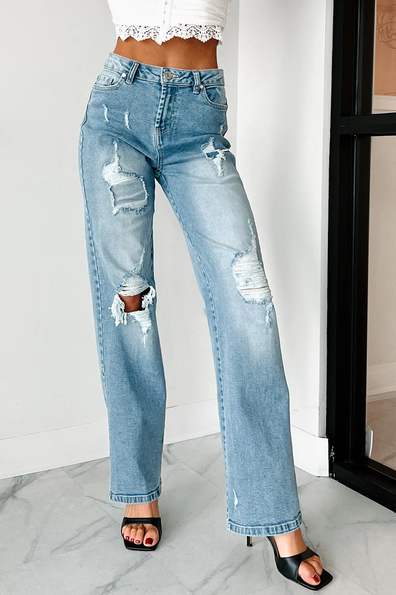 Tamra High Rise Distressed Skater Jeans (Light Blue)