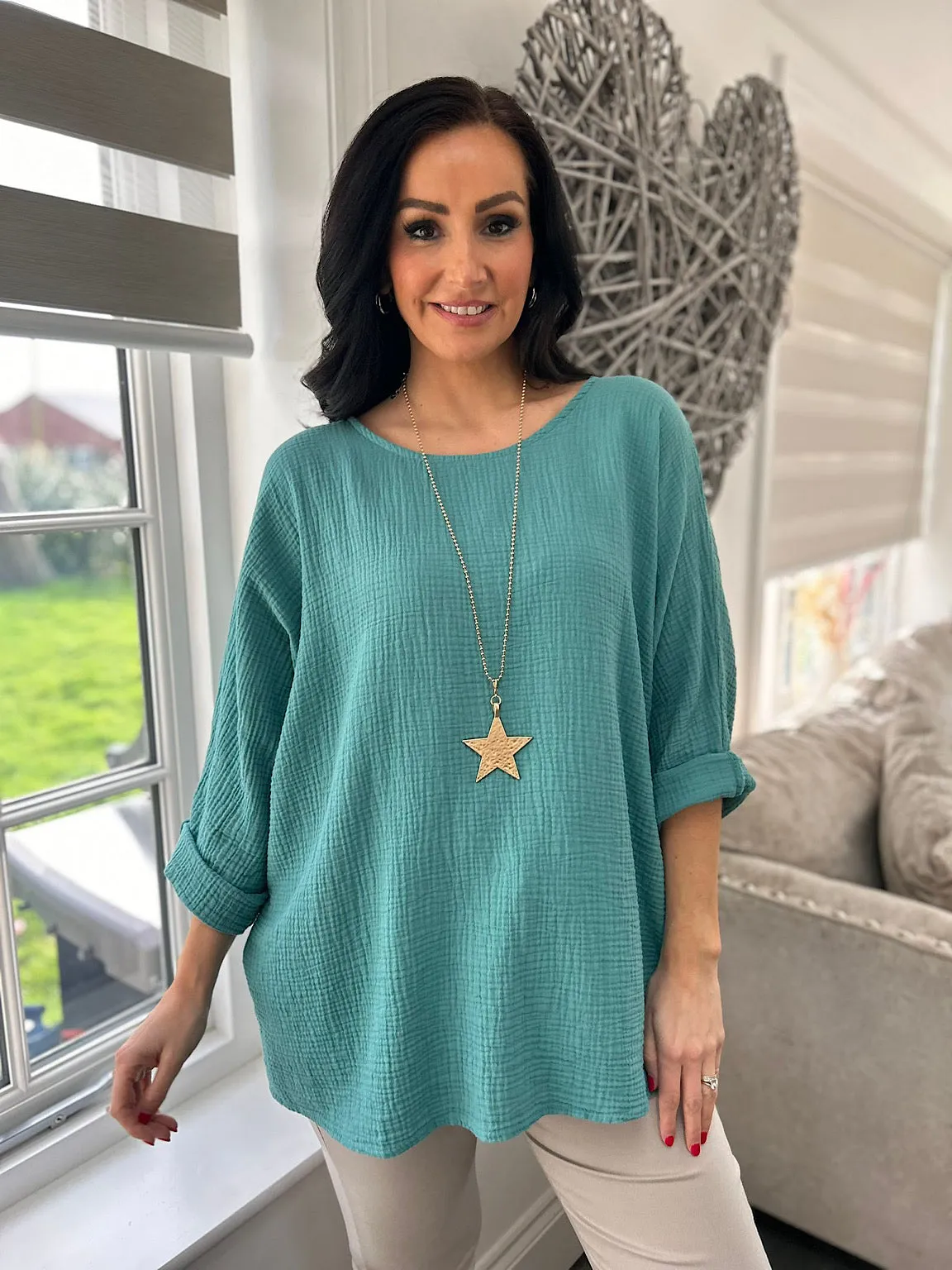 Teal Textured Round Neck Top Pippa