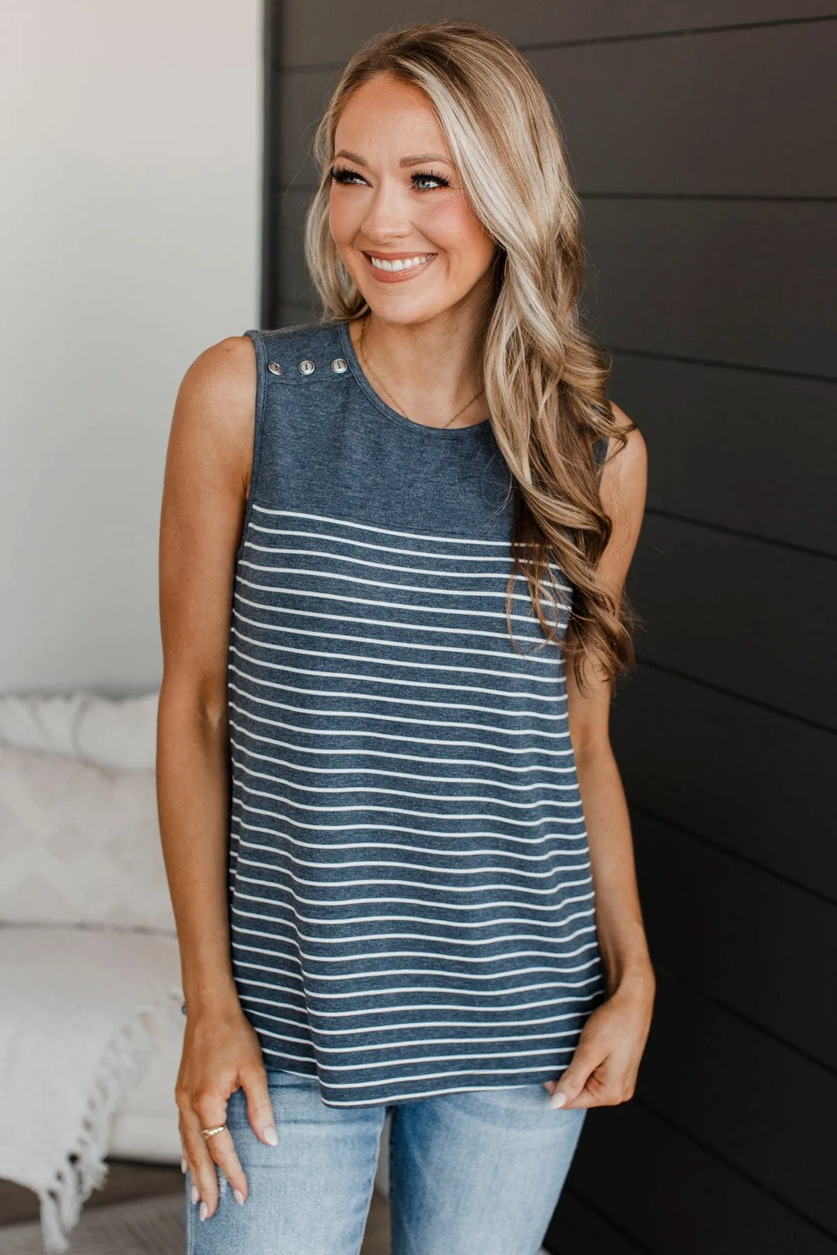 Together Again Striped Tank Top- Navy