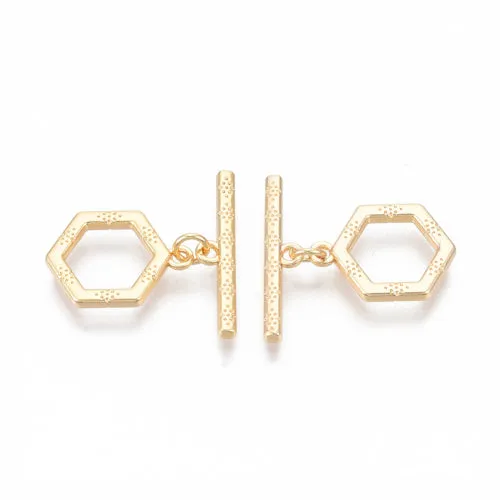 Toggle Clasps, Brass, 18K Gold Plated, Textured, Hexagon, With Jump Ring, 16mm