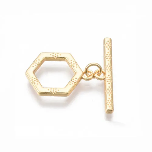 Toggle Clasps, Brass, 18K Gold Plated, Textured, Hexagon, With Jump Ring, 16mm