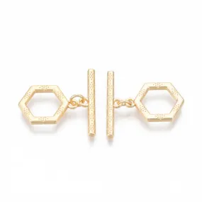 Toggle Clasps, Brass, 18K Gold Plated, Textured, Hexagon, With Jump Ring, 16mm