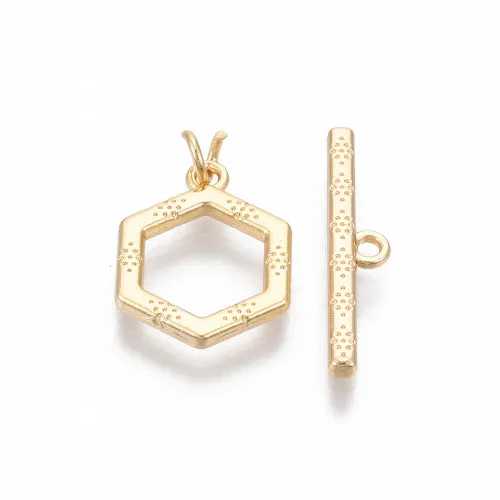 Toggle Clasps, Brass, 18K Gold Plated, Textured, Hexagon, With Jump Ring, 16mm