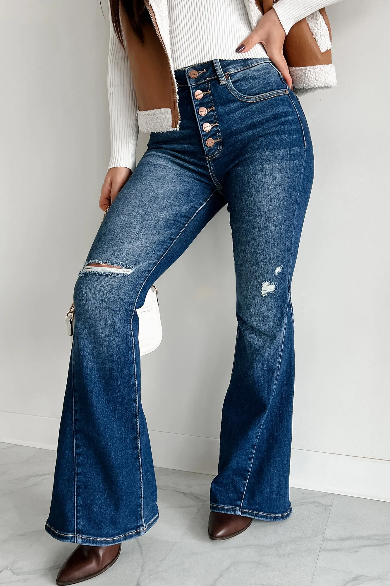 Valina High Rise Tummy Control Buttoned Flare Risen Jeans (Dark)