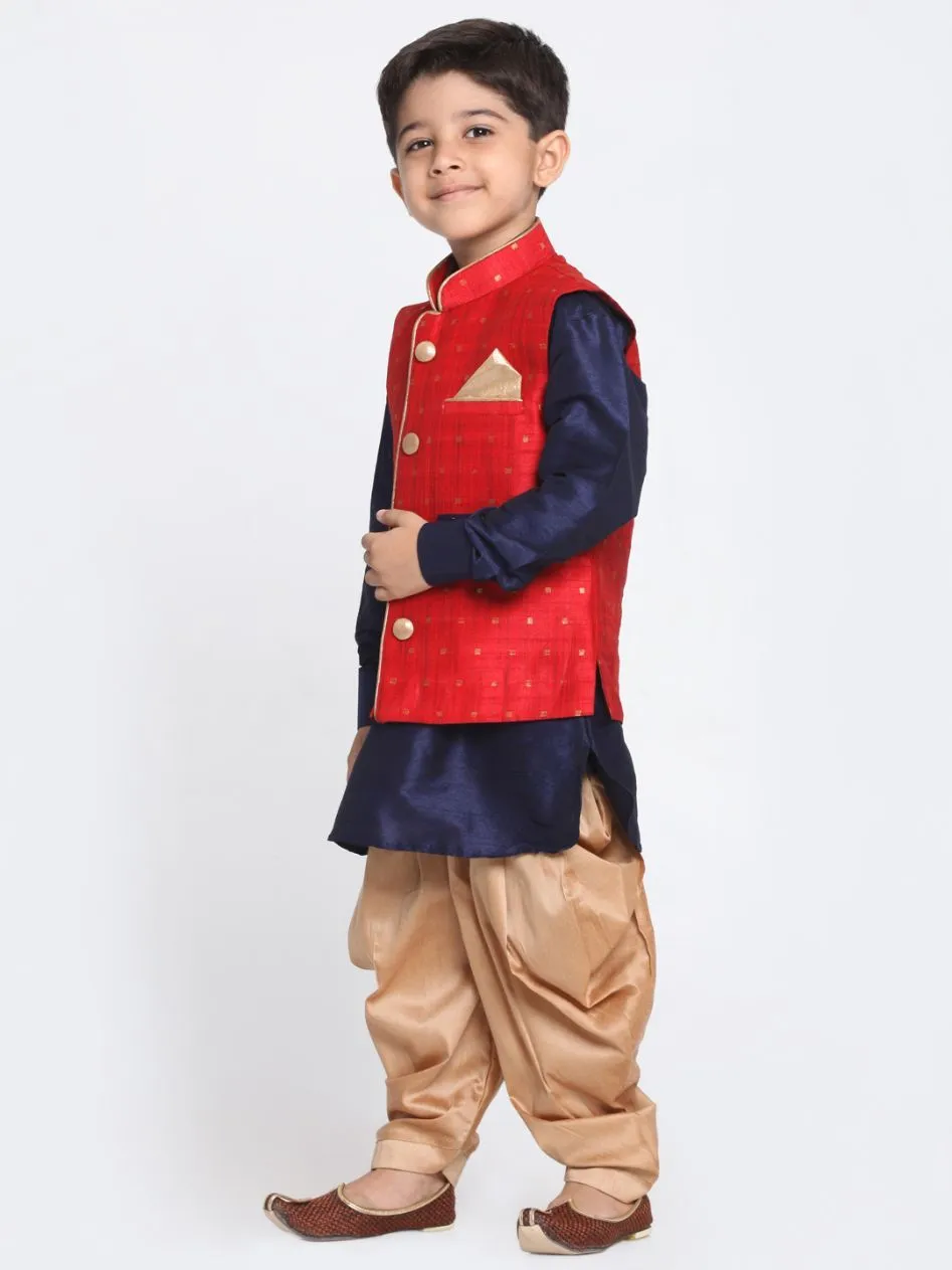 Vastramay Boys' Maroon Silk Blend Ethnic Jacket, Navy Blue Kurta and Rose Gold Dhoti Pant Set