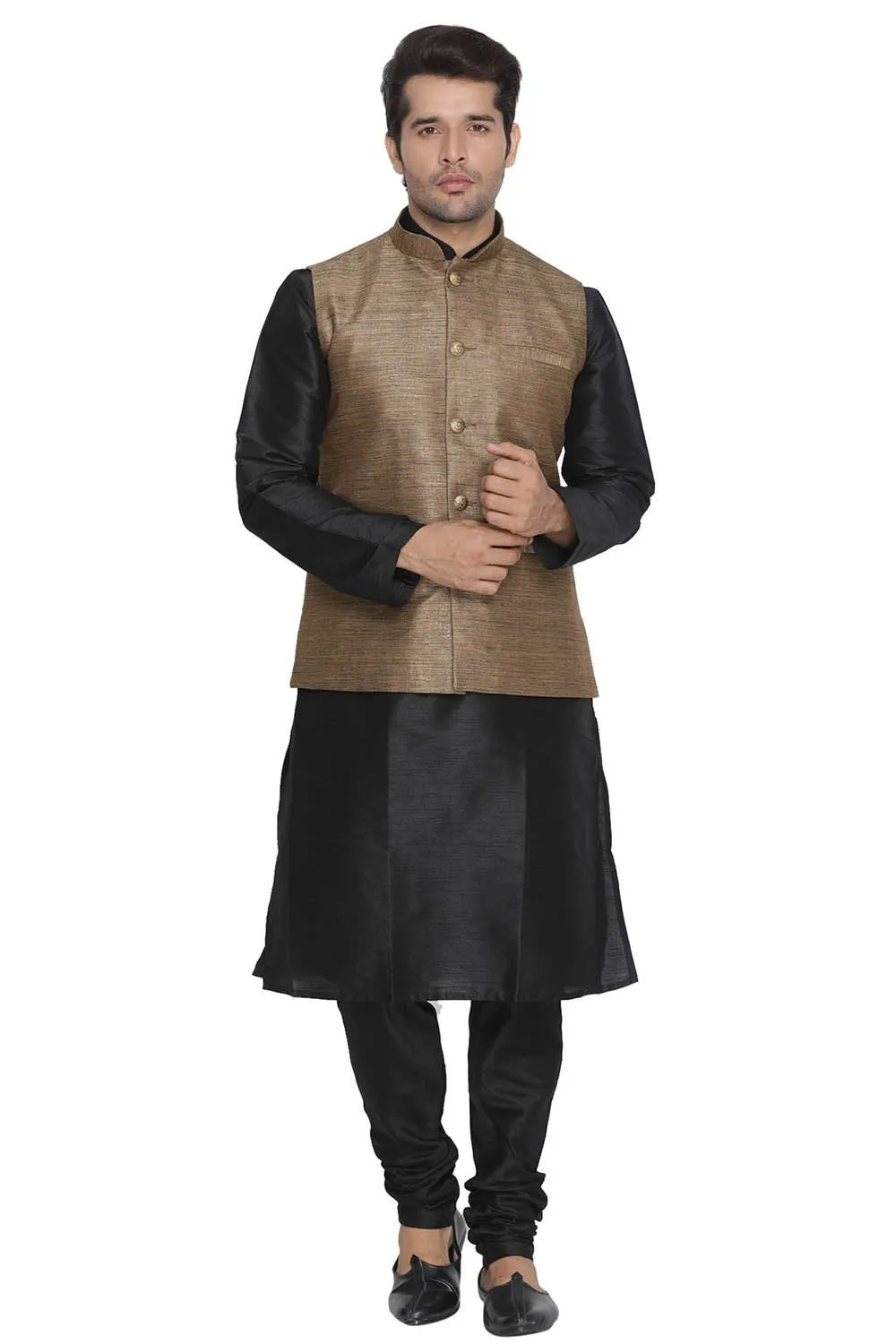 VASTRAMAY Men's Brown Cotton Silk Blend Kurta, Ethnic Jacket and Pyjama Set