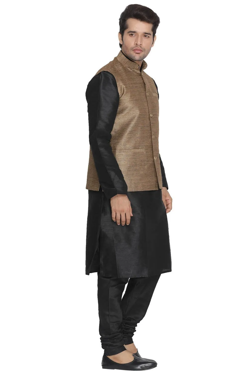 VASTRAMAY Men's Brown Cotton Silk Blend Kurta, Ethnic Jacket and Pyjama Set