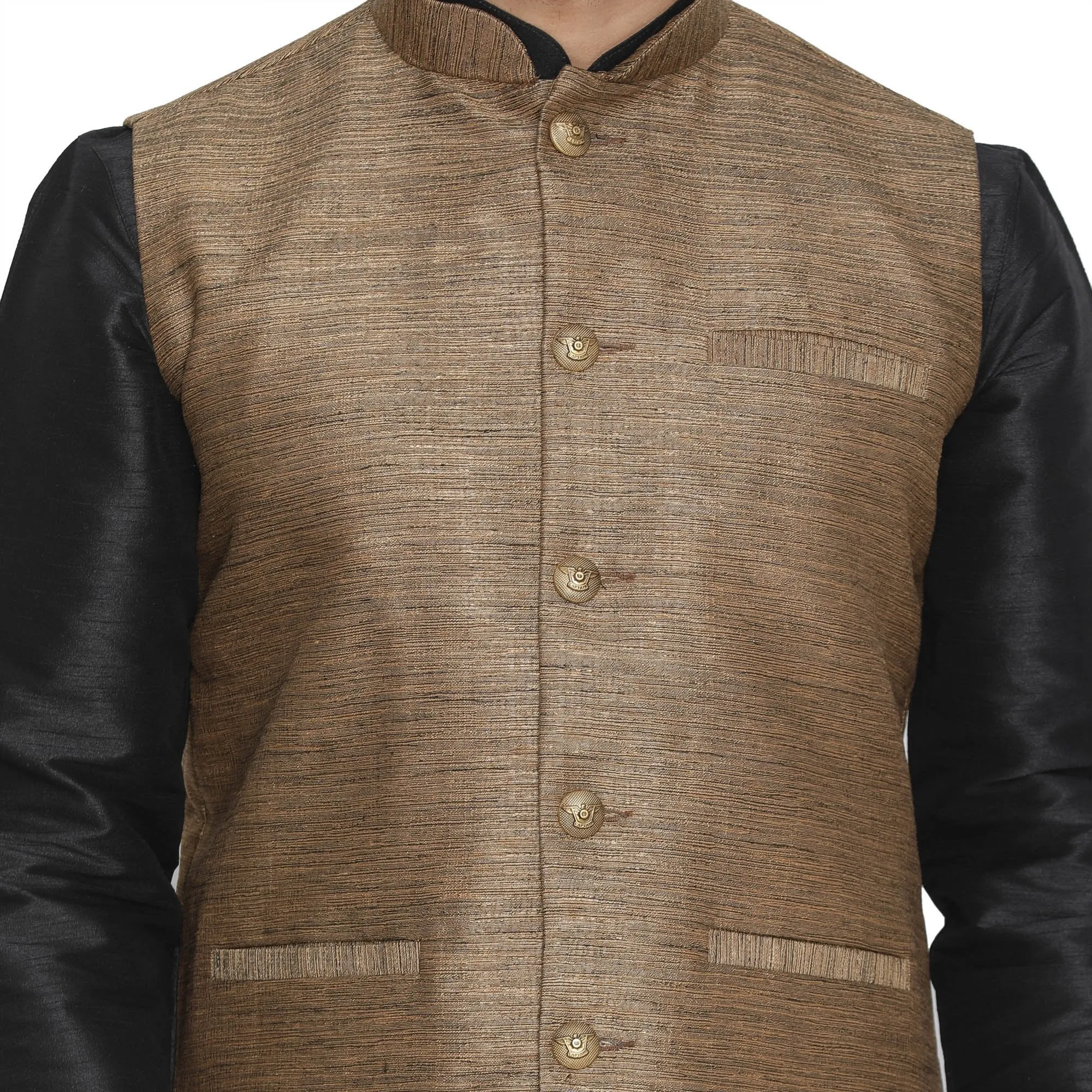 VASTRAMAY Men's Brown Cotton Silk Blend Kurta, Ethnic Jacket and Pyjama Set