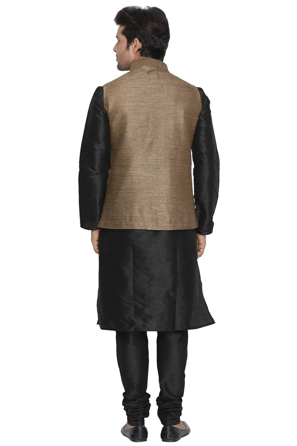 VASTRAMAY Men's Brown Cotton Silk Blend Kurta, Ethnic Jacket and Pyjama Set