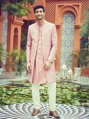 Vastramay Men's Onion Pink Solid Kurta Pant With Mirror Over Coat Combo Set