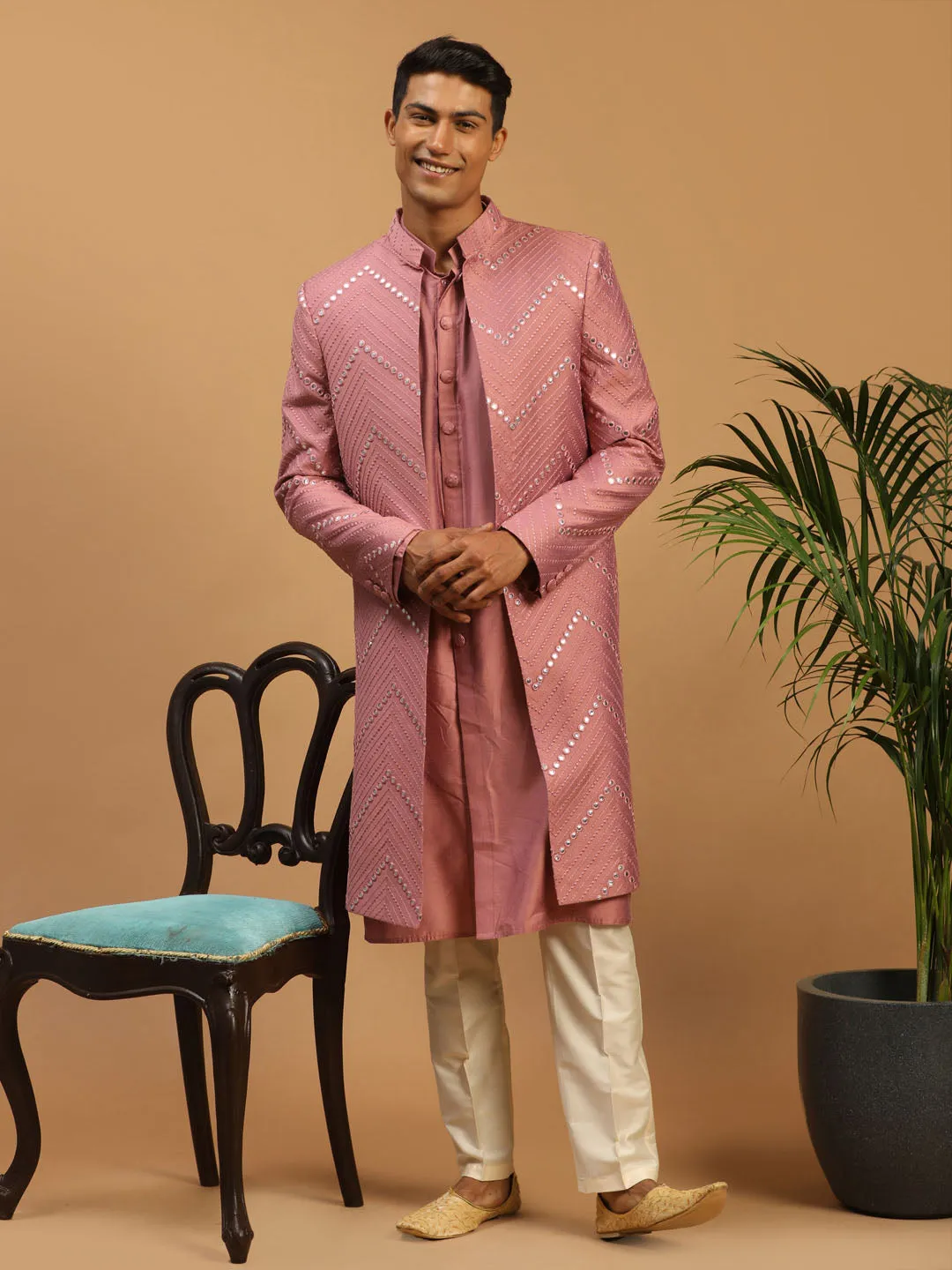 Vastramay Men's Onion Pink Solid Kurta Pant With Mirror Over Coat Combo Set