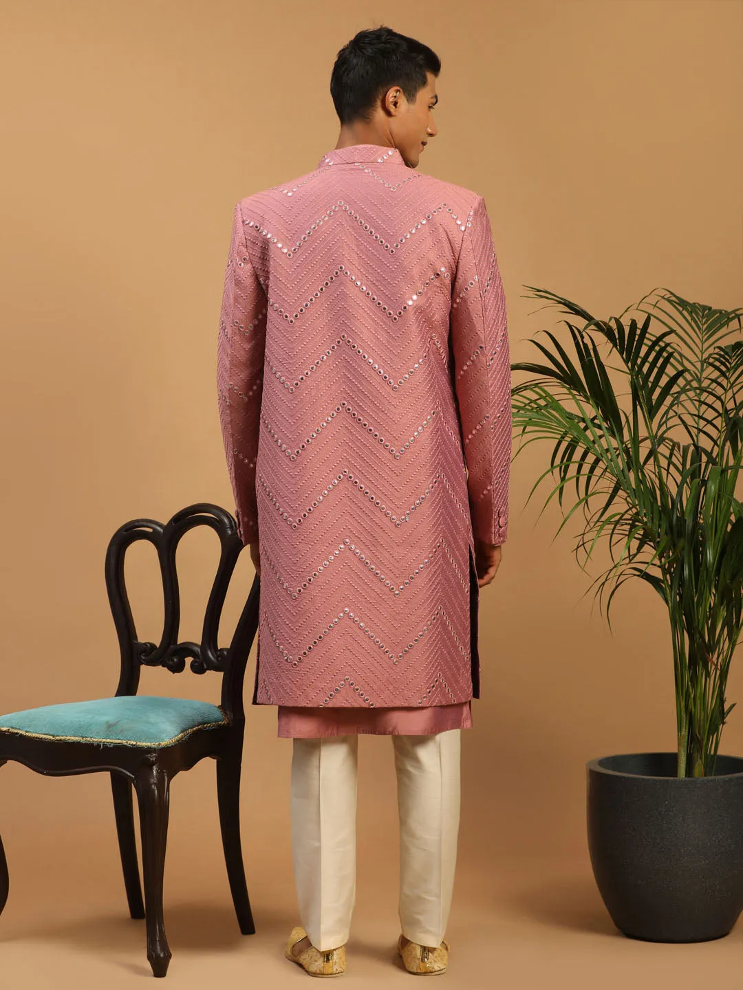 Vastramay Men's Onion Pink Solid Kurta Pant With Mirror Over Coat Combo Set