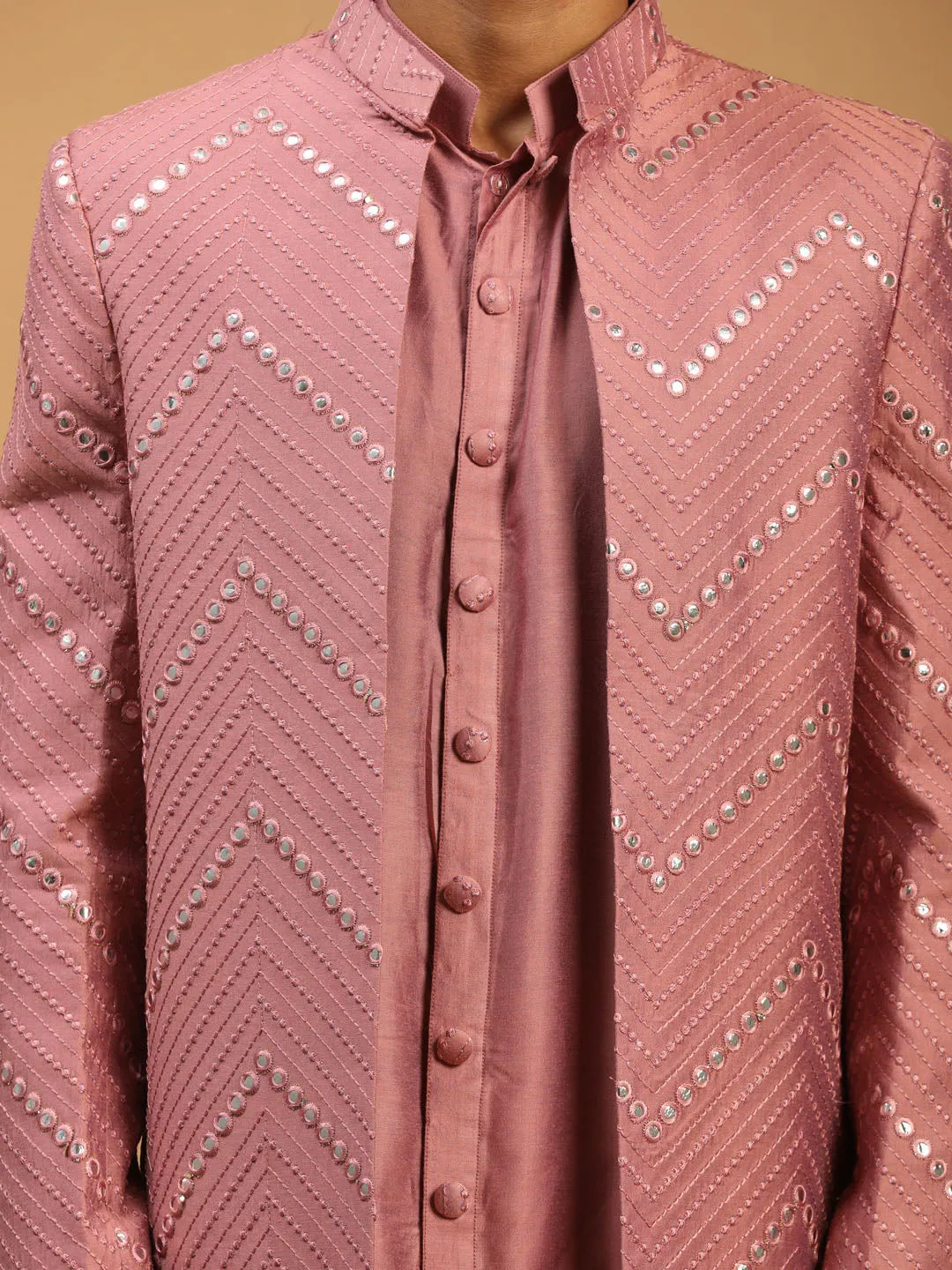 Vastramay Men's Onion Pink Solid Kurta Pant With Mirror Over Coat Combo Set