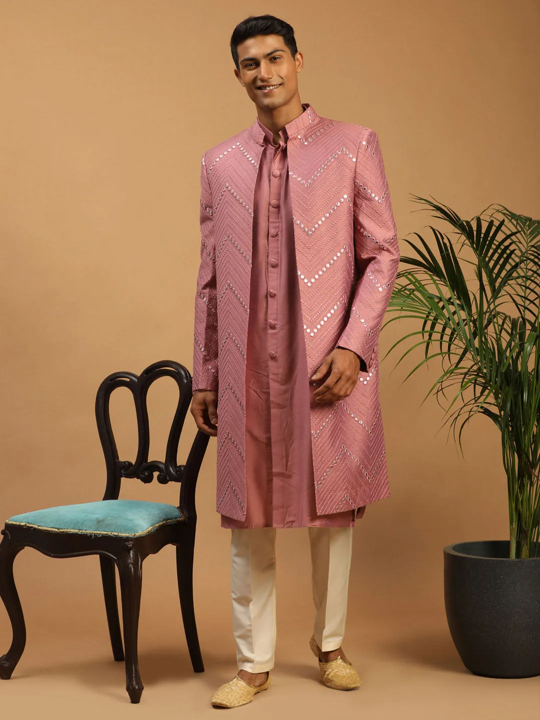 Vastramay Men's Onion Pink Solid Kurta Pant With Mirror Over Coat Combo Set