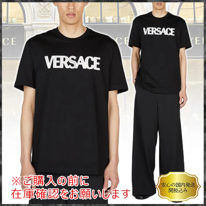 VERSACE  |Crew Neck Street Style Cotton Short Sleeves Logo Luxury