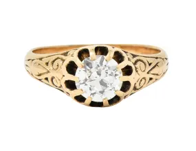 Victorian 0.86 CTW Old European Cut Diamond 14 Karat Yellow Gold Belcher Set Solitaire Antique Engagement Ring