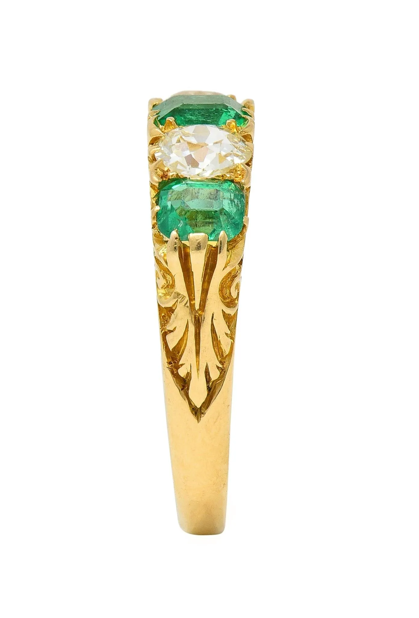 Victorian Emerald Diamond 18 Karat Yellow Gold Scrolling Five Stone Antique Band Ring