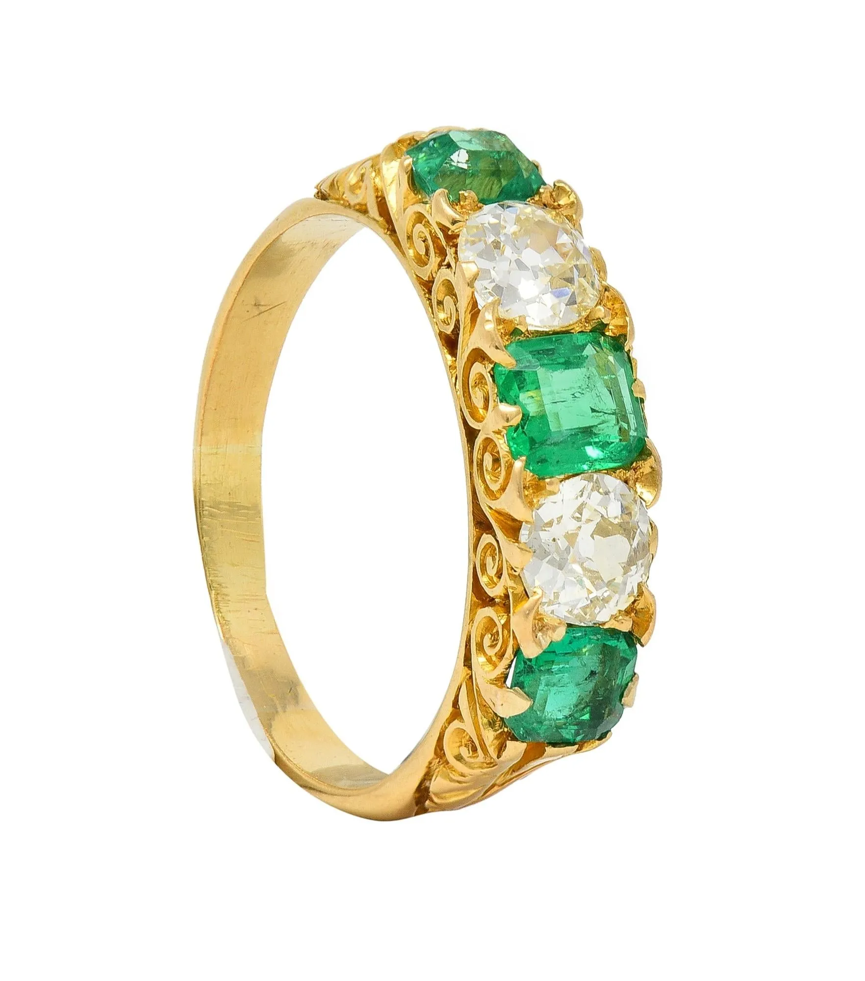 Victorian Emerald Diamond 18 Karat Yellow Gold Scrolling Five Stone Antique Band Ring