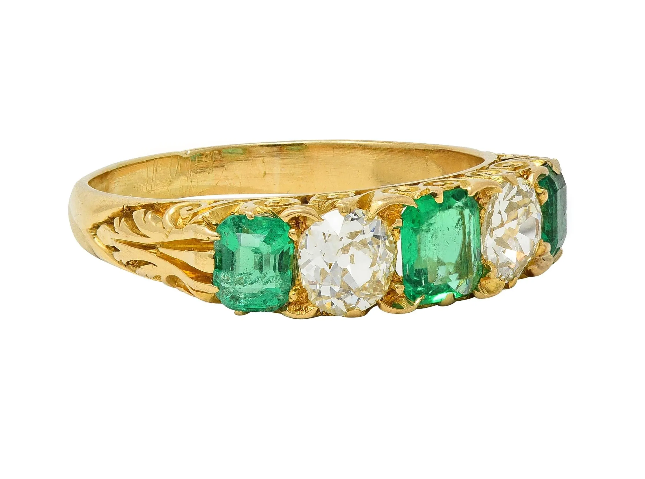 Victorian Emerald Diamond 18 Karat Yellow Gold Scrolling Five Stone Antique Band Ring