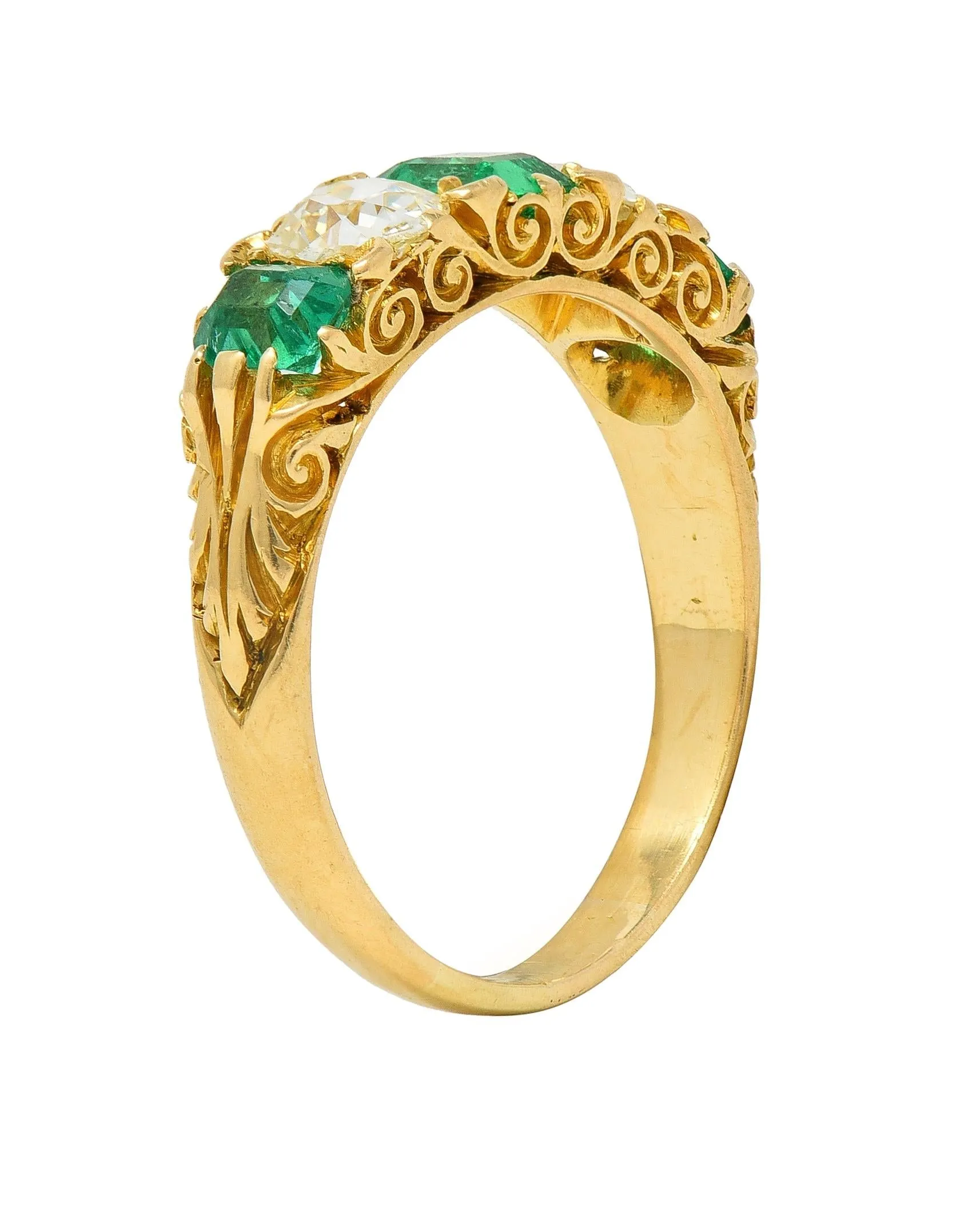 Victorian Emerald Diamond 18 Karat Yellow Gold Scrolling Five Stone Antique Band Ring