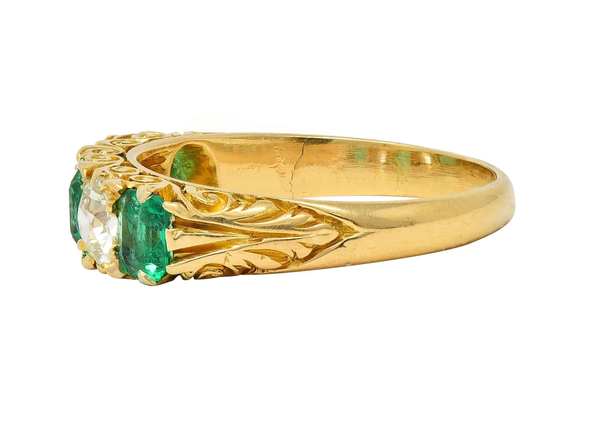 Victorian Emerald Diamond 18 Karat Yellow Gold Scrolling Five Stone Antique Band Ring