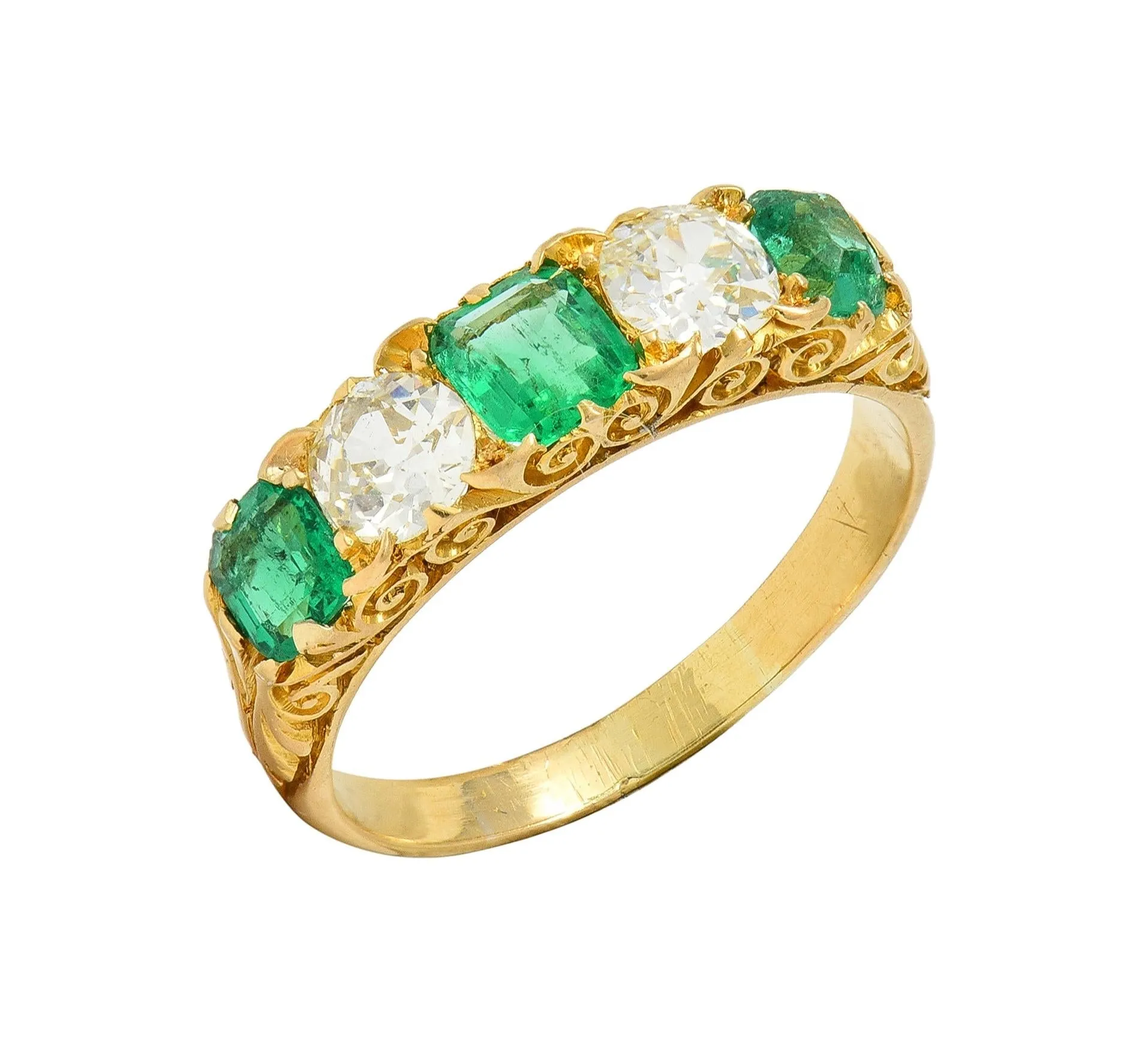 Victorian Emerald Diamond 18 Karat Yellow Gold Scrolling Five Stone Antique Band Ring