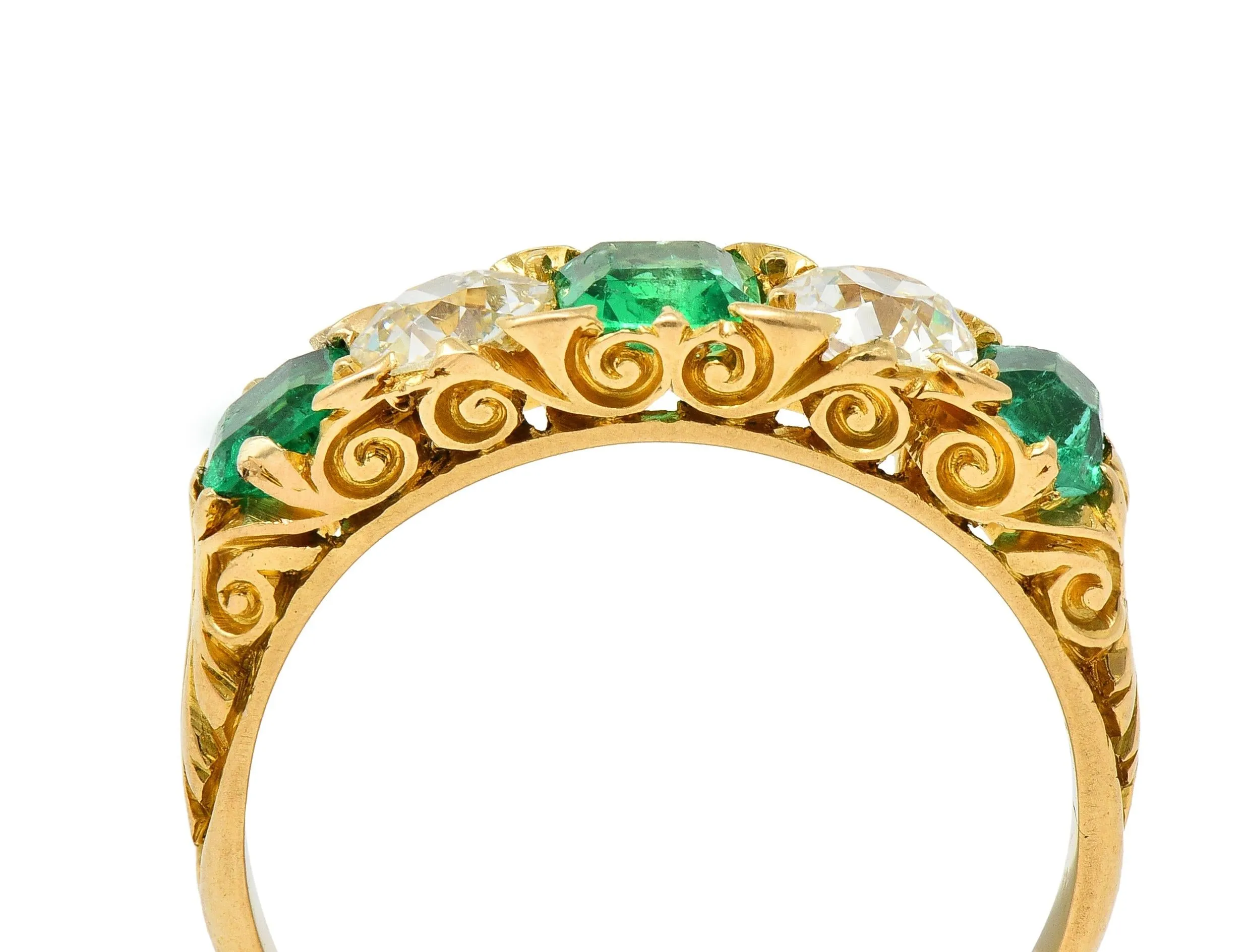 Victorian Emerald Diamond 18 Karat Yellow Gold Scrolling Five Stone Antique Band Ring