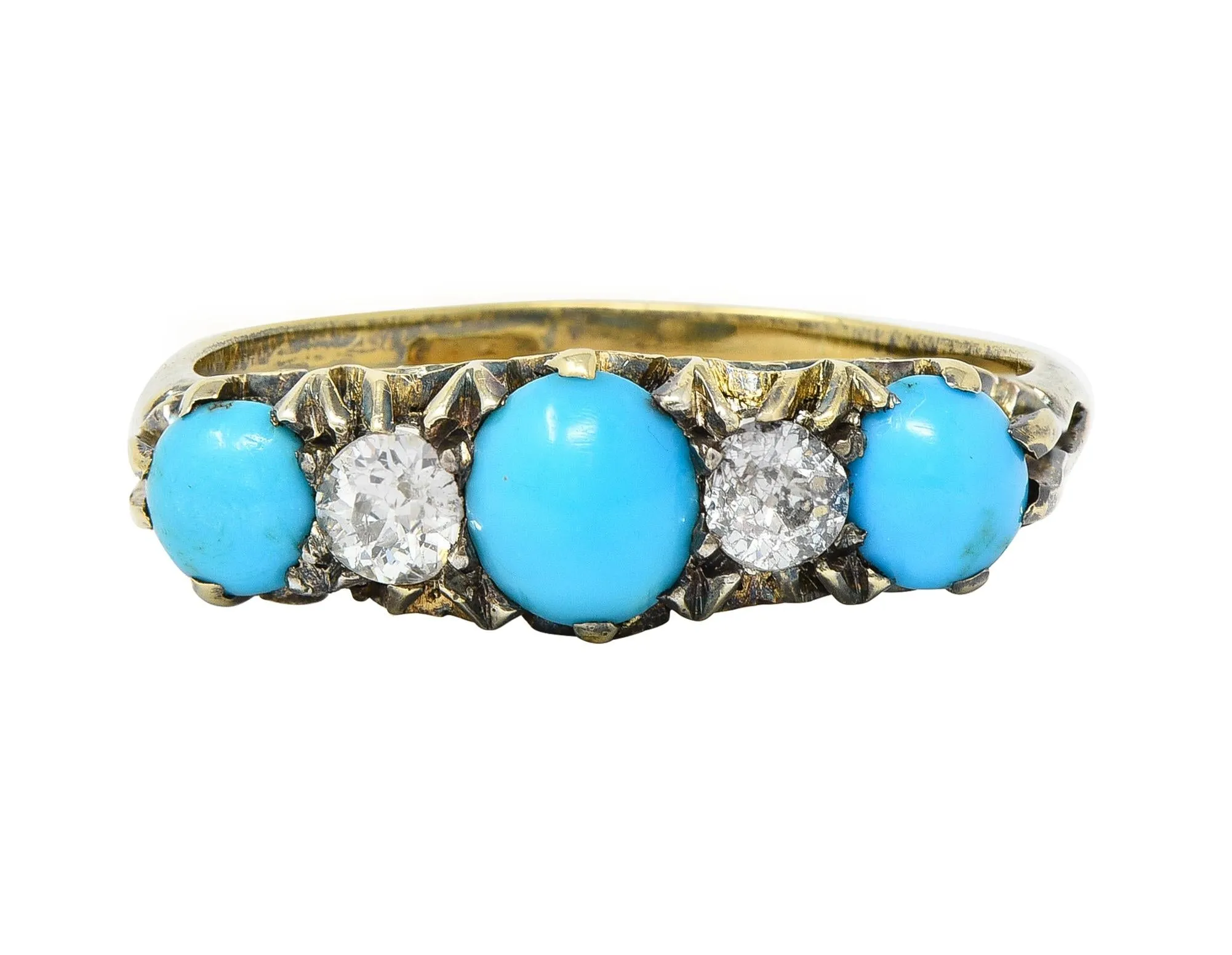 Victorian Turquoise Old Mine Cut Diamond 18 Karat Yellow Gold Scrolling Antique Five Stone Band Ring